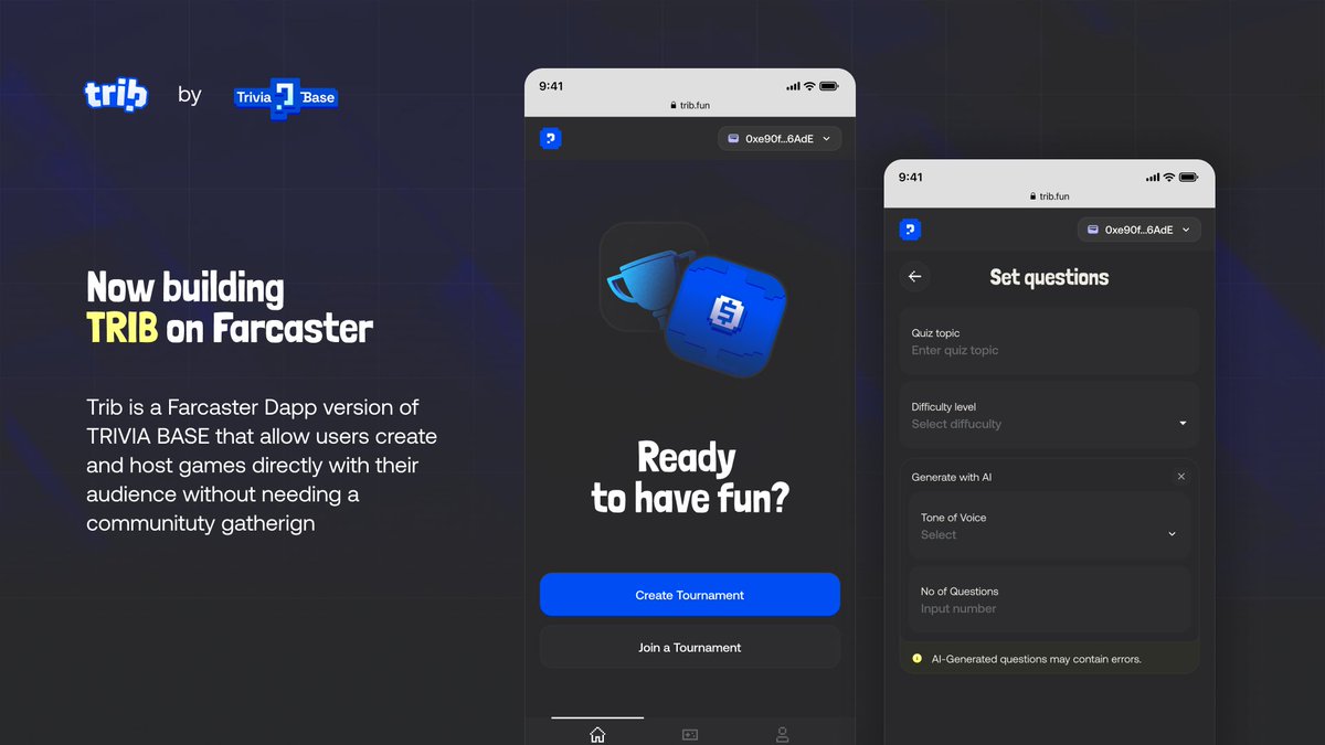 Trib Tournament Allow you to create or join trivia tournament, Win a slice 🍕 from the pool.
Launching Trib Tournament on Farcaster, so get your usdc ready and Stay tuned....