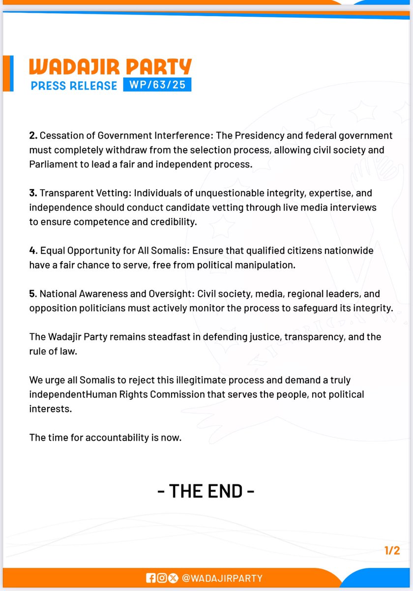 The Wadajir Party strongly condemns the unconstitutional and politically biased selection process for the Independent Human Rights Commission (IHRC), a crucial institution for promoting justice, accountability, and reconciliation in Somalia. We demand a fair and transparent