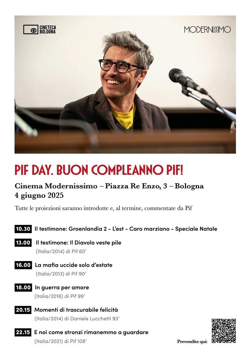Pif (@pif_iltestimone) on Twitter photo Ecco il programma del PIF DAY, il 4 giugno a Bologna.
Con racconti dell'autore, cioè del sottoscritto, a ogni fine proiezione.
<a href="/cinetecabologna/">Cineteca di Bologna</a> Ecco il programma del PIF DAY, il 4 giugno a Bologna.
Con racconti dell'autore, cioè del sottoscritto, a ogni fine proiezione.
<a href="/cinetecabologna/">Cineteca di Bologna</a>