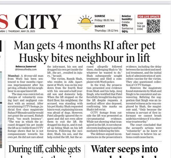 Swati Deshpande (@swatidtoi) on Twitter photo In one case of pet dog biting a human, trial court sentences owner to 4 months’ rigorous imprisonment. Report by <a href="/rebeccaSTOI/">Rebecca Samervel</a>.
Are cases on the rise in the city? Are they underreported? In one case of pet dog biting a human, trial court sentences owner to 4 months’ rigorous imprisonment. Report by <a href="/rebeccaSTOI/">Rebecca Samervel</a>.
Are cases on the rise in the city? Are they underreported?