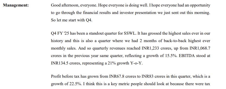 Arbind Roy (@arbindonline) on Twitter photo SSWL Earnings Call Highlights
🛞Steel Strips Wheels (SSWL) posted record sales in Q4 FY25:
Revenue: ₹1,233 Cr (+15.5% YoY)
EBITDA: ₹134.5 Cr (+21% YoY)
PBT: ₹83 Cr (+22.5% YoY)
🚀 Back-to-back best-ever monthly sales!
#Earnings 
#SSWL 
#InvestSmart SSWL Earnings Call Highlights
🛞Steel Strips Wheels (SSWL) posted record sales in Q4 FY25:
Revenue: ₹1,233 Cr (+15.5% YoY)
EBITDA: ₹134.5 Cr (+21% YoY)
PBT: ₹83 Cr (+22.5% YoY)
🚀 Back-to-back best-ever monthly sales!
#Earnings 
#SSWL 
#InvestSmart