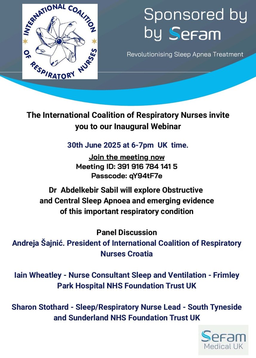 ICRN (@icrespinurses) on Twitter photo Save the date 📅 and join us at <a href="/ICRespiNurses/">ICRN</a> first webinar 💫💫💫
With excellent speakers Dr AbdelKebir Sabil, <a href="/sharon_stothard/">Sharon Stothard</a> <a href="/WheatleyIain/">nurseiain</a> & <a href="/asajnic/">Andreja Šajnić</a>
<a href="/KarenMarshall02/">Dr Karen Marshall 🦋 (drkarenmarshall@bsky.social)</a> <a href="/murphieRNC/">Dr Phyllis Murphie</a> <a href="/SefamUk/">Sefam Medical UK</a> Save the date 📅 and join us at <a href="/ICRespiNurses/">ICRN</a> first webinar 💫💫💫
With excellent speakers Dr AbdelKebir Sabil, <a href="/sharon_stothard/">Sharon Stothard</a> <a href="/WheatleyIain/">nurseiain</a> & <a href="/asajnic/">Andreja Šajnić</a>
<a href="/KarenMarshall02/">Dr Karen Marshall 🦋 (drkarenmarshall@bsky.social)</a> <a href="/murphieRNC/">Dr Phyllis Murphie</a> <a href="/SefamUk/">Sefam Medical UK</a>