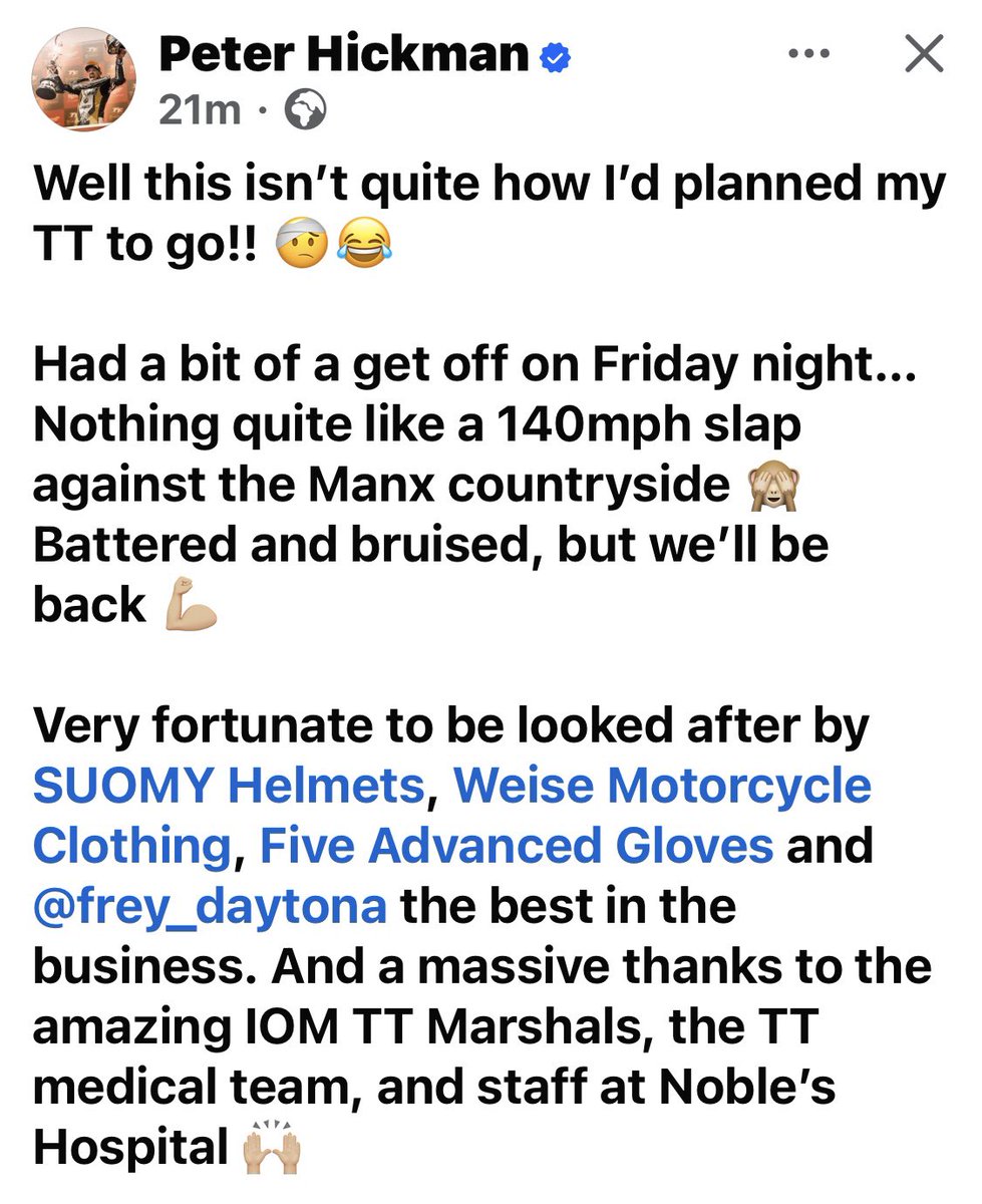 Lbartram's tweet photo. So good to see Hicky back in the TT paddock! Looking a bit battered and bruised but great news! ๐๐ฎ๐ฒ๐
#TT2025 #Hicky #iomtt https://t.co/3PND9GqZxu