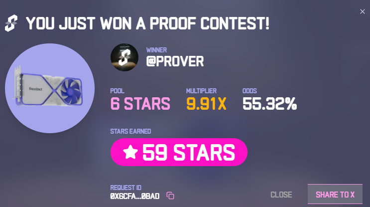 uniqueveniamin's tweet photo. I just won 59 stars in the Succinct Stage 2 Proof Contest! Prove with us @SuccinctLabs #ProveWithUs 

My max WIN! https://t.co/3WDG8cWkb9