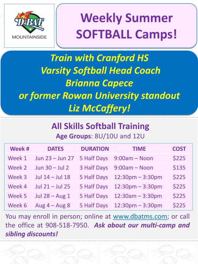 dbatms's tweet photo. Register now for DBAT baseball and softball summer camps.  Get details online at https://t.co/AdRM5ySMD1 or call us at 908-518-7950. https://t.co/J5seb6bGEP