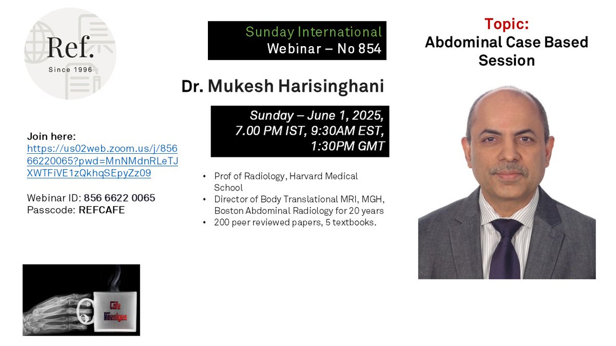 Akshay Baheti (@dr_akshaybaheti) on Twitter photo The maestro is back! <a href="/mharisinghani/">Mukesh Harisinghani</a> speaks today in an Abdominal Case Based Session! Not to be missed!
us02web.zoom.us/j/85666220065?…
<a href="/anmol_dhawan/">Anmol Dhawan</a> <a href="/radiologistpage/">theRadiologist</a> <a href="/RadiologyVibes/">Sandeep Awal | RadiologyVibes.com</a> <a href="/radiologynation/">Radiology Nation</a> <a href="/radrounds/">radRounds Radiology Network</a> <a href="/radiologycafe/">Radiology Cafe</a> <a href="/bhavinj/">Bhavin Jankharia</a> <a href="/REF_INDIA/">REFINDIA</a> <a href="/CafeRoentgen/">Cafe Roentgen</a> <a href="/mghradchiefs/">MGH Radiology Chiefs</a> The maestro is back! <a href="/mharisinghani/">Mukesh Harisinghani</a> speaks today in an Abdominal Case Based Session! Not to be missed!
us02web.zoom.us/j/85666220065?…
<a href="/anmol_dhawan/">Anmol Dhawan</a> <a href="/radiologistpage/">theRadiologist</a> <a href="/RadiologyVibes/">Sandeep Awal | RadiologyVibes.com</a> <a href="/radiologynation/">Radiology Nation</a> <a href="/radrounds/">radRounds Radiology Network</a> <a href="/radiologycafe/">Radiology Cafe</a> <a href="/bhavinj/">Bhavin Jankharia</a> <a href="/REF_INDIA/">REFINDIA</a> <a href="/CafeRoentgen/">Cafe Roentgen</a> <a href="/mghradchiefs/">MGH Radiology Chiefs</a>