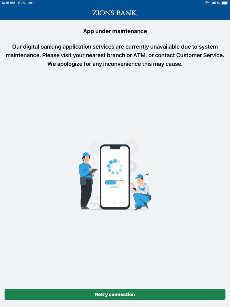 elitecruiser's tweet photo. Thanks @ZionsBank for nothing.  Why have an app if you are ALWAYS taking it down. https://t.co/8VPy6SCqpI