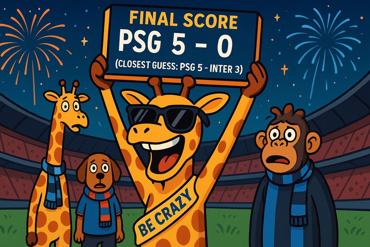 metafide_ai's tweet photo. ⚽𝗨𝗘𝗙𝗔 𝗽𝗿𝗲𝗱𝗶𝗰𝘁𝗶𝗼𝗻 𝗿𝗲𝘀𝘂𝗹𝘁𝘀: 

No one hit the exact score...
But one madman came dangerously close 👀

@Greisten (who recently joined us from the @DogeOS fam) said:
"Be crazy, 5-3 for Paris 😎🤣"

Final score? 5-0 PSG. Crazy indeed!!
Got the winner. Nailed the PSG goals. Closest overall.
You win. 🏆 5000 $FIDE prize pool incoming. 

Congrats! Open up a ticket in the discord to claim → https://t.co/y1oZxA8Yp2