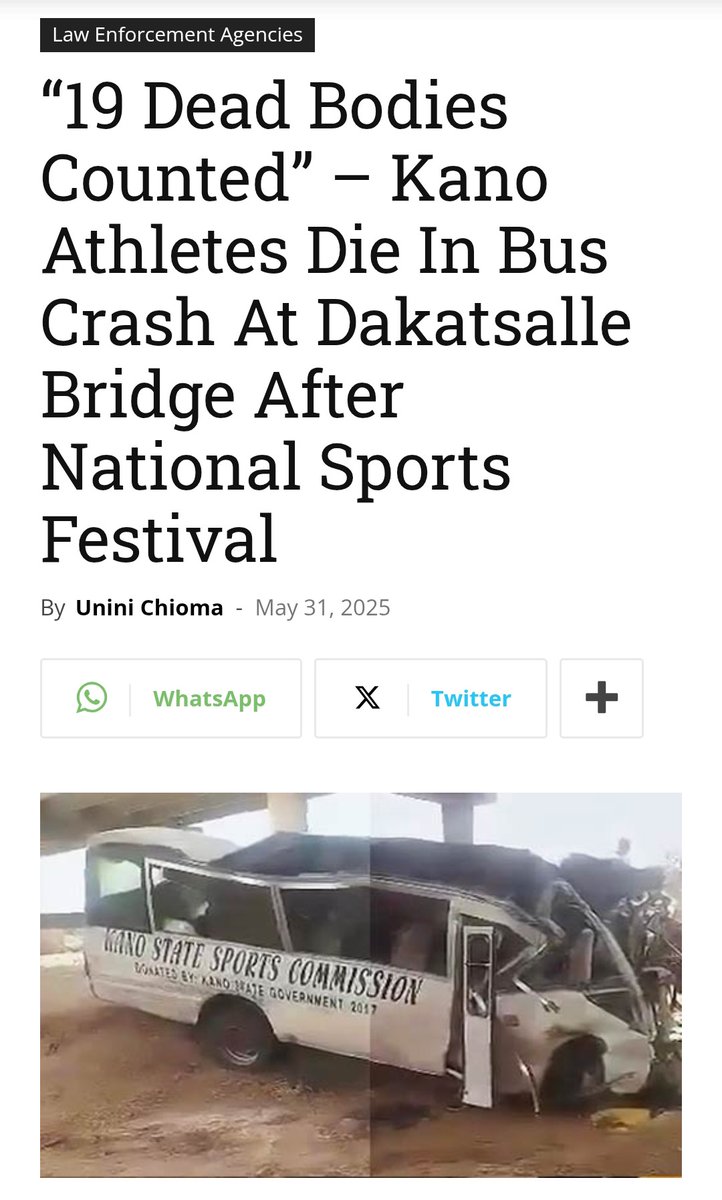 Several athletes from the Kano State Contingent has lost their life in a fatal motor accident while returning to Kano from the just concluded National Sports Festival held at Abeokuta, Ogun State.

May God rest their soul.