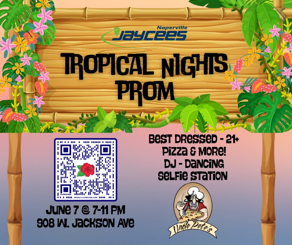 Less than 1 week until Tropical Nights Prom with the Naperville Jaycees!  

Can't wait to see you there in all of your grass-skirt finery.  🌺

naperjaycees.org/event-6162141