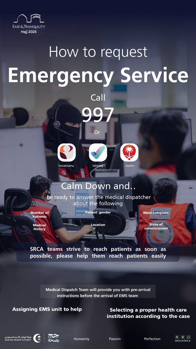 Your safety matters...
Here’s how to request emergency services from the Saudi Red Crescent Authority in critical situations 🚑
📞 Call 997 or use the Asafny App onelink.to/7wxfaq