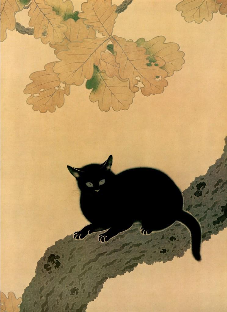 Black Cat, a hanging scroll painting by Hishida Shunso, created in 1910.