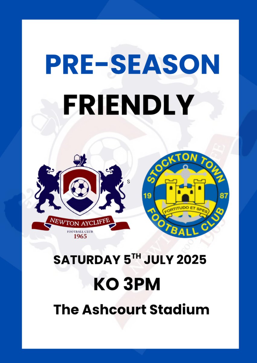 Newton Aycliffe FC (@naycliffefc) on Twitter photo Some of us have had a well earned break. Now for preseason news. We're kicking off preseason with a home match against <a href="/NorthernPremLge/">The Pitching In Northern Premier League</a> <a href="/stockton_townfc/">Stockton Town FC</a> Ticket prices will be issued soon. If you want to be a match sponsor contact evycornet@gmail.com Some of us have had a well earned break. Now for preseason news. We're kicking off preseason with a home match against <a href="/NorthernPremLge/">The Pitching In Northern Premier League</a> <a href="/stockton_townfc/">Stockton Town FC</a> Ticket prices will be issued soon. If you want to be a match sponsor contact evycornet@gmail.com
