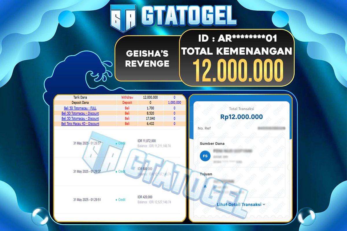 GTATOGEL's tweet photo. GTATOGEL – BUKTI WITHDRAW KEMENANGAN DI GEISHA 'S REVENGE  Rp12.000.000,- DI BAYAR LUNAS !!!  SELAMAT KEPADA USERID : AR******01 

#GTATOGEL #gacor #slotviral #buktijp #viralreels #viralmesum #viralterbaru #fypシviral https://t.co/YNB1pLbx4w