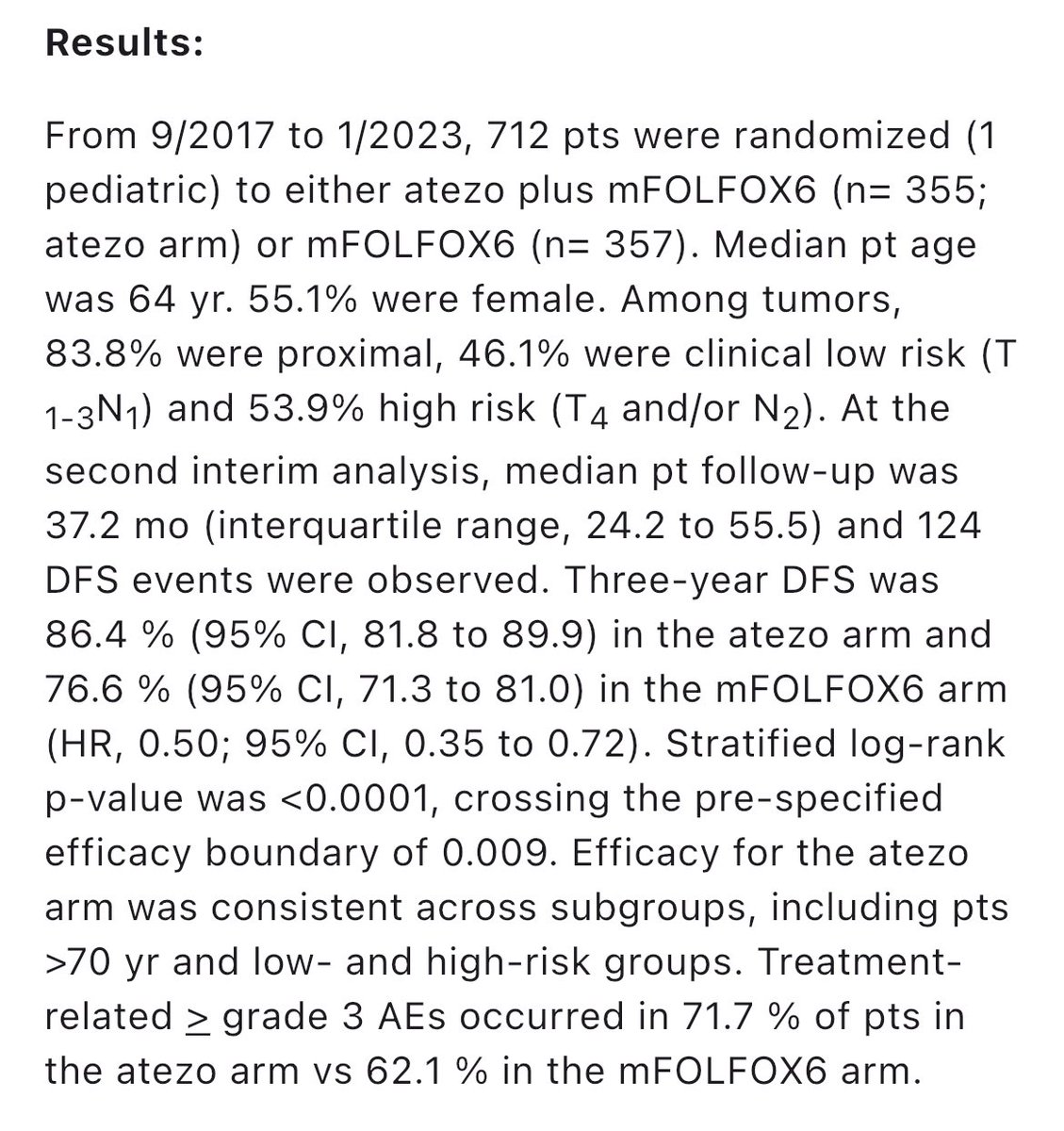 📢🟠ATOMIC
#ASCO25

➡️Adj atezolizumab + FOLFOX vs FOLFOX in stage III dMMR colon ca

✅3-y DFS: 86.4% vs 76.6%
HR: 0.50, P&lt;0.0001

<a href="/OncoAlert/">OncoAlert</a> <a href="/ASCO/">ASCO</a> #cancer #oncology #MedX #colon