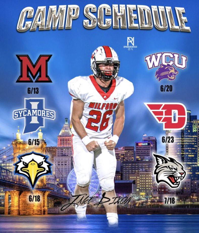 Jake Dixon (@jakedixon_26) on Twitter photo We are locked In! 2025 camp schedule!!
<a href="/MiamiOHFootball/">Miami Football</a> June 13 (mega)
<a href="/IndStFB/">Indiana State Football</a> June 15
<a href="/MSUEaglesFB/">Morehead State Football</a> June 18
<a href="/CatamountsFB/">Western Carolina Football</a> June 20
<a href="/DaytonFootball/">Dayton Football</a> June 23
<a href="/DavidsonFB/">Davidson Football</a> July 18
2026 LB 6โ0 206
<a href="/Jimmy_Grippa/">Coach Grippa</a> <a href="/Tom_Grippa/">Coach Tom Grippa</a> <a href="/_JaredDTucker/">Jared Tucker</a> <a href="/RecruitingBh/">BH Recruiting Assistance</a> We are locked In! 2025 camp schedule!!
<a href="/MiamiOHFootball/">Miami Football</a> June 13 (mega)
<a href="/IndStFB/">Indiana State Football</a> June 15
<a href="/MSUEaglesFB/">Morehead State Football</a> June 18
<a href="/CatamountsFB/">Western Carolina Football</a> June 20
<a href="/DaytonFootball/">Dayton Football</a> June 23
<a href="/DavidsonFB/">Davidson Football</a> July 18
2026 LB 6โ0 206
<a href="/Jimmy_Grippa/">Coach Grippa</a> <a href="/Tom_Grippa/">Coach Tom Grippa</a> <a href="/_JaredDTucker/">Jared Tucker</a> <a href="/RecruitingBh/">BH Recruiting Assistance</a>