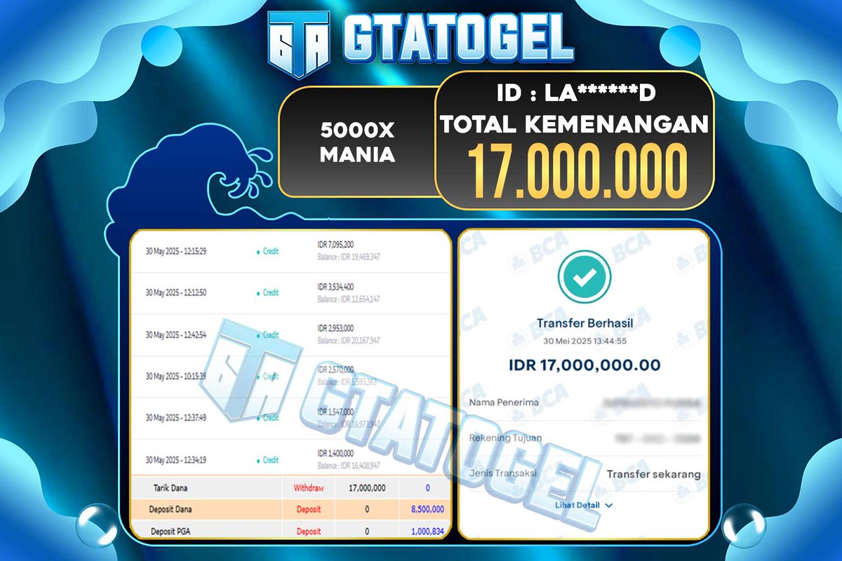 GTATOGEL's tweet photo. GTATOGEL – BUKTI WITHDRAW KEMENANGAN DI 5000X MANIA  Rp 17.000.000,- DI BAYAR LUNAS !!!  SELAMAT KEPADA USERID : LA*******D 

#GTATOGEL #slotviral #slotgacor #buktijp #viral #togelresult #viralindo #fypシviral https://t.co/1NMKyNAcXs