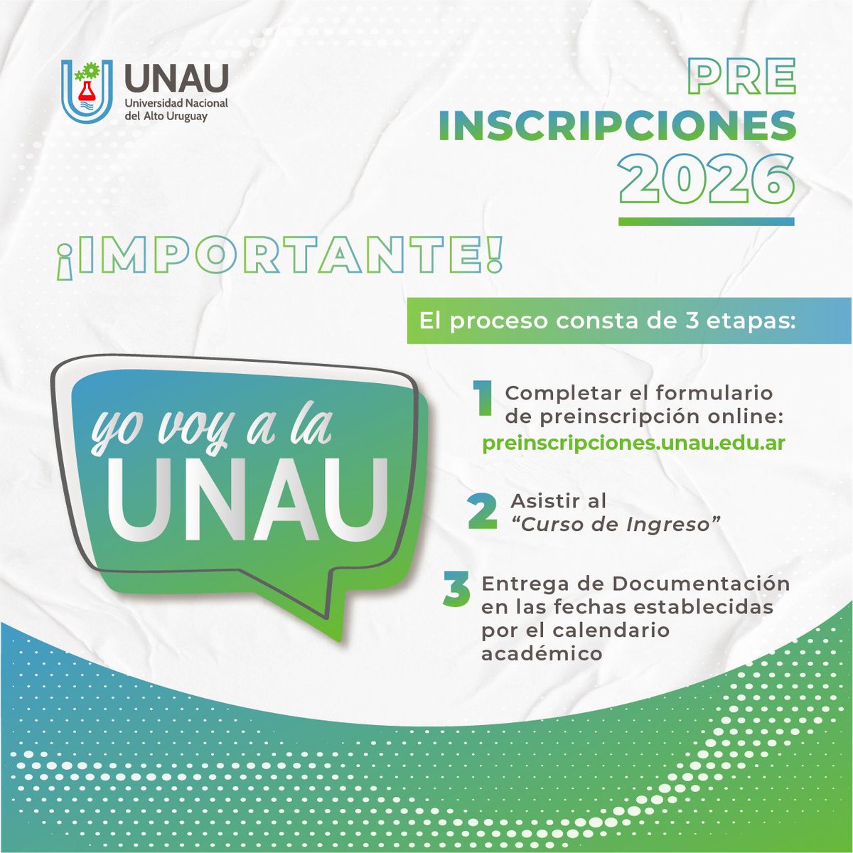 UNAU (@unaumisiones) on Twitter photo 📢 ¡Abrimos preinscripciones 2026 en la UNAU!
💻 Ya se encuentra habilitado el período de preinscripción para el ciclo lectivo 2026.
🔗 Accedé al formulario de preinscripción a través de nuestra web: unau.edu.ar
📧 ingresos@unau.edu.ar 📢 ¡Abrimos preinscripciones 2026 en la UNAU!
💻 Ya se encuentra habilitado el período de preinscripción para el ciclo lectivo 2026.
🔗 Accedé al formulario de preinscripción a través de nuestra web: unau.edu.ar
📧 ingresos@unau.edu.ar
