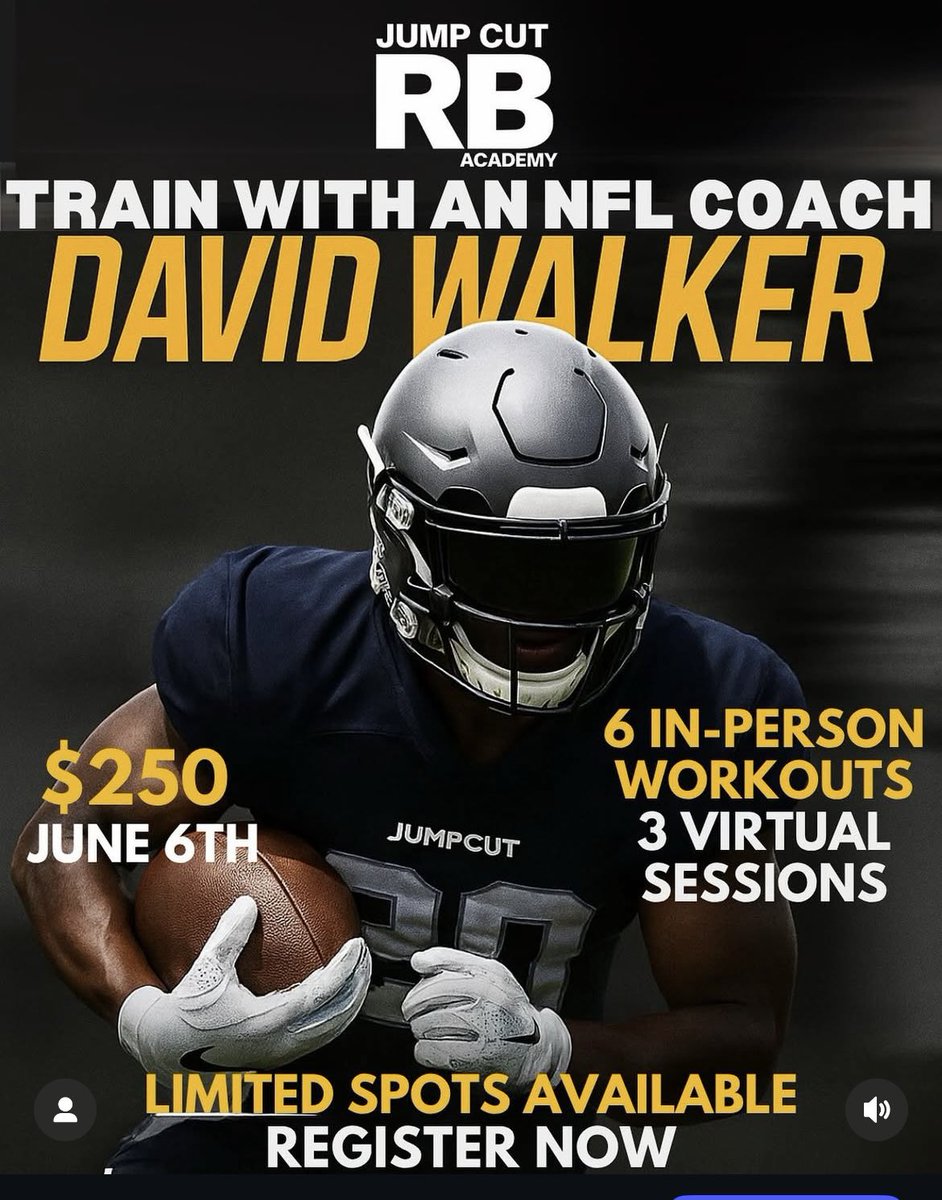 JUMP CUT RB ACADEMY SUMMER SESSIONS 🔥
Train with NFL Coach David Walker and take your game to the next level.

💪 6 In-Person RB Workouts
🧠 3 Virtual Film Sessions
📍 Starts June 6th
💵 Only $250 for the entire month
⚡️ LIMITED SPOTS AVAILABLE

#JumpCutRB #TrainWithWalker