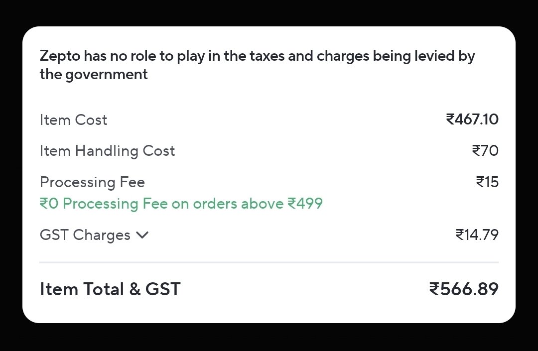 3 items worth Rs 467, on that, Zepto is charging an Item Handling cost of Rs 70!! These guys have gone bonkers! What is the logic behind this and its beautifully hidden! <a href="/ZeptoNow/">Zepto</a>