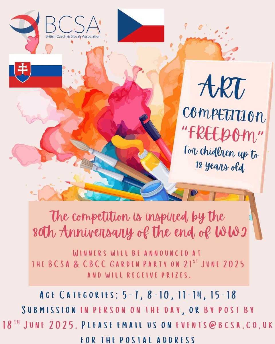 Calling all young artists and writers of Czech and Slovak origins in the UK, because....
3rd year of a successful BCSA art competition is back!

What does freedom mean to you today? When do you feel the most free, and why? What does a free world look like in your imagination?