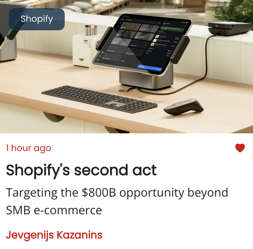 Shopify's second act
Targeting the opportunity beyond SMB e-commerce

Originally built to support a snowboard shop, Shopify $SHOP has grown into a leading global commerce platform. It now powers millions of merchants across 175 countries, processes hundreds of billions in GMV,