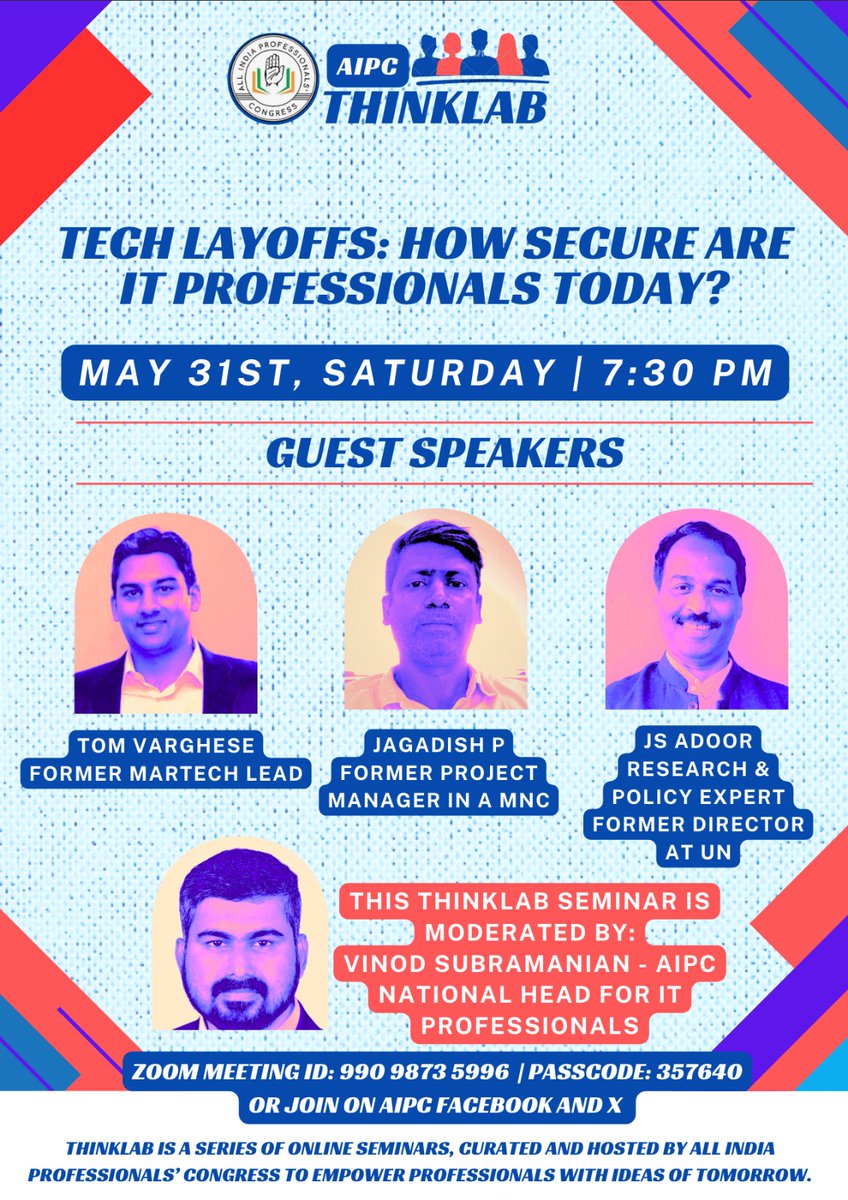 VinodSubram's tweet image. Powerful Think Lab today by AIPC IT Vertical on #TechLayoffs. Tom &amp;amp; Jagadish shared brave accounts on challenges, ageism, &amp;amp; need for a safety net. John Samuel, Public Policy Expert, offered solutions. Crucial discussions on protecting IT pros! #SafetyNet @ProfCong @pravchak