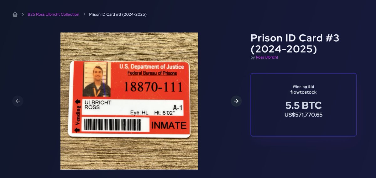 最後 <a href="/RealRossU/">Ross Ulbricht</a> Ross Ulbricht (絲路founder) 在獄中的ID CARD 拍出了 5.5BTC ( $1700萬新台幣 )

Ross總共在獄中服役了近12年（2013-2025) 而
這張ID在2024-2025在 <a href="/realDonaldTrump/">Donald J. Trump</a> 赦免之後的成為了歷史性的最後一張。或許，ROSS這輩子不會再回去監獄了，難怪極具收藏價值。