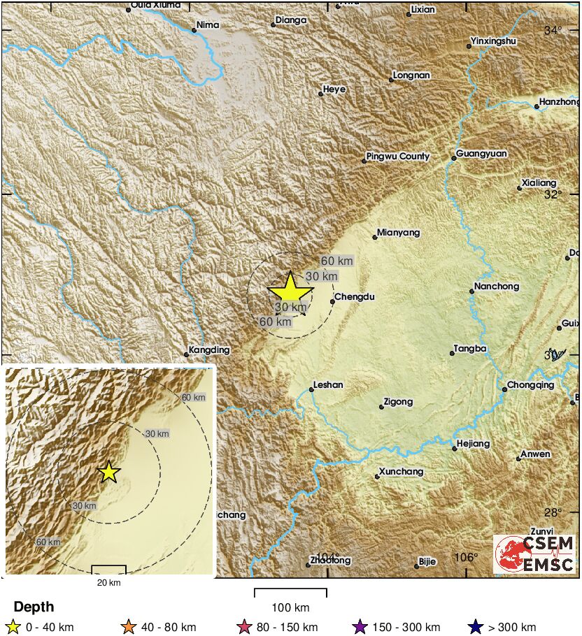 LastQuake's tweet photo. #Earthquake (#地震) confirmed by seismic data.⚠Preliminary info: M4.7 || 59 km W of #Chengdu (#China) || 19 min ago (local time 16:02:02). Follow the thread for the updates👇 https://t.co/cBLJaOKv4l