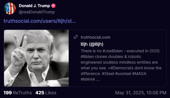 ❗️Trump posts "Joe Biden - executed in 2020. Biden clones and doubles... "

Is Joe Biden an actor in a mask?