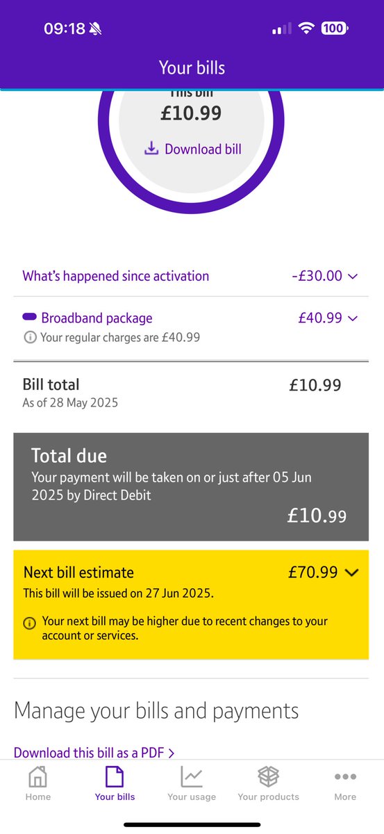 tommychett_'s tweet photo. @bt_uk Only recently got your Broadband setup and already it’s saying it’s estimating my bill to be £70 https://t.co/YPR7f8QfN0