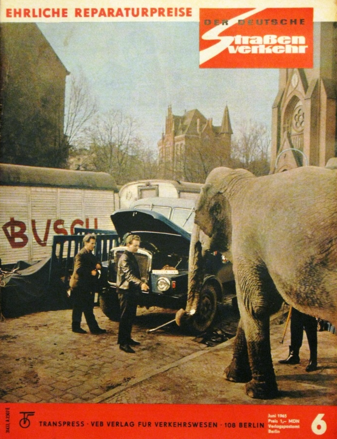 June 1965: the front cover of GDR magazine 'Der deutsche Straßenverkehr' shows a novel way of fixing your car