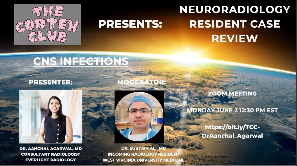 Justin McCloskey, MD (@j_mccloskeymd) on Twitter photo Please join us for another <a href="/thecortexclub/">The Cortex Club</a> Neuroradiology Case Review with <a href="/Aanch09/">Dr Aanchal Agarwal</a> on CNS Infections on Monday June 2 at 12:30 pm EST. Format is MCQs.
Link to register: bit.ly/TCC-DrAanchal_…
<a href="/thecortexclub/">The Cortex Club</a> <a href="/wvuradres/">WVU Radiology Residency Program</a> <a href="/MohitTCCNeuro/">Mohit Agarwal</a> <a href="/FOAMrad/">FOAMrad</a> Please join us for another <a href="/thecortexclub/">The Cortex Club</a> Neuroradiology Case Review with <a href="/Aanch09/">Dr Aanchal Agarwal</a> on CNS Infections on Monday June 2 at 12:30 pm EST. Format is MCQs.
Link to register: bit.ly/TCC-DrAanchal_…
<a href="/thecortexclub/">The Cortex Club</a> <a href="/wvuradres/">WVU Radiology Residency Program</a> <a href="/MohitTCCNeuro/">Mohit Agarwal</a> <a href="/FOAMrad/">FOAMrad</a>