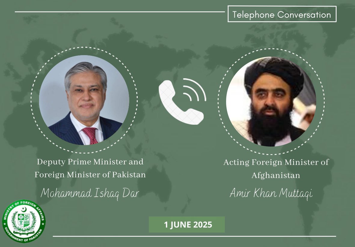 Ministry of Foreign Affairs - Pakistan (@foreignofficepk) on Twitter photo Deputy Prime Minister/Foreign Minister, Senator Mohammad Ishaq Dar <a href="/MIshaqDar50/">Ishaq Dar</a>, today held a telephone conversation with the Acting Foreign Minister of Afghanistan, Amir Khan Muttaqi <a href="/FMMuttaqi/">Amir Khan Muttaqi | امیرخان متقی</a>.
FM Amir Khan Muttaqi welcomed the decision of Pakistan to up-grade its diplomatic Deputy Prime Minister/Foreign Minister, Senator Mohammad Ishaq Dar <a href="/MIshaqDar50/">Ishaq Dar</a>, today held a telephone conversation with the Acting Foreign Minister of Afghanistan, Amir Khan Muttaqi <a href="/FMMuttaqi/">Amir Khan Muttaqi | امیرخان متقی</a>.
FM Amir Khan Muttaqi welcomed the decision of Pakistan to up-grade its diplomatic