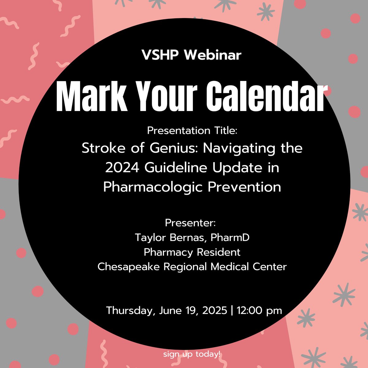 VSHP webinar 6/19 12 noon:  Stroke of Genius: Navigating the 2024 Guideline Update in Pharmacologic Prevention
To register: us06web.zoom.us/webinar/regist…