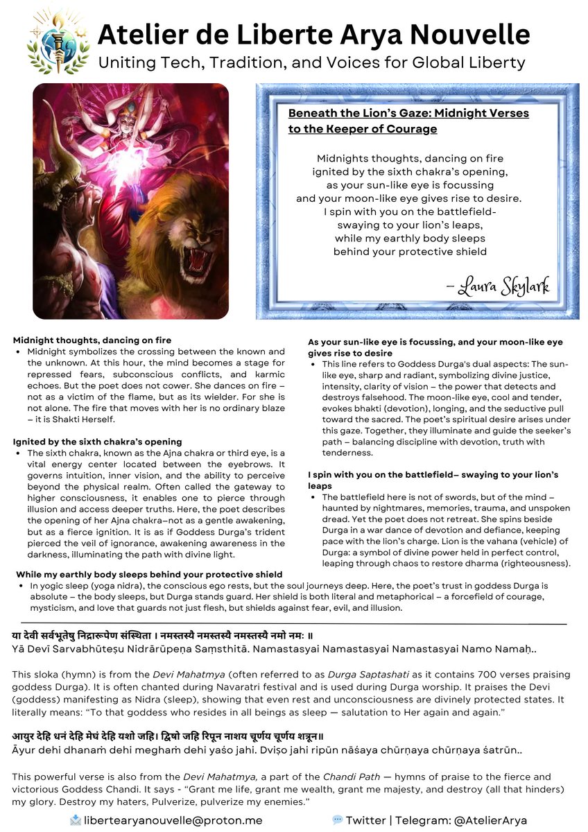 AtelierArya's tweet photo. Today's issue, "Beneath the Lion's Gaze: Midnight Verses to the Keeper of Courage"— based on an excerpt from @LauraSkylark #MidnightThoughts collection — is a poetic tribute to Hindu goddess Durga🙏🏻🕉️

Features 2 Sanskrit hymns📜

Follow @AtelierArya for timeless verse &amp; wisdom✨ https://t.co/uNst0NS2SC