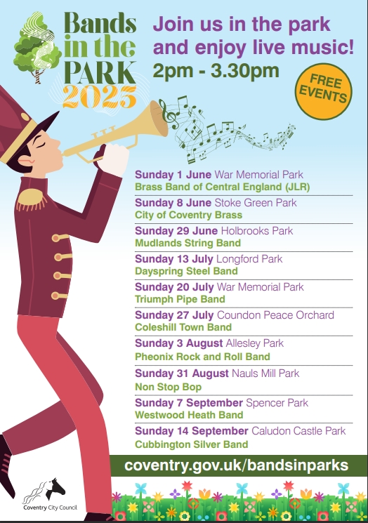 Coventry Park Rangers (@covparkranger) on Twitter photo Today is our first Bands in the Park show of 2025! Join us in the War Memorial Park to watch the <a href="/BrassbandCE/">Brass Band of Central England</a> perform. The event will be held adjacent to the Aviary, we hope to see some familiar and also new faces today!
<a href="/coventrycc/">Coventry City Council</a> Today is our first Bands in the Park show of 2025! Join us in the War Memorial Park to watch the <a href="/BrassbandCE/">Brass Band of Central England</a> perform. The event will be held adjacent to the Aviary, we hope to see some familiar and also new faces today!
<a href="/coventrycc/">Coventry City Council</a>