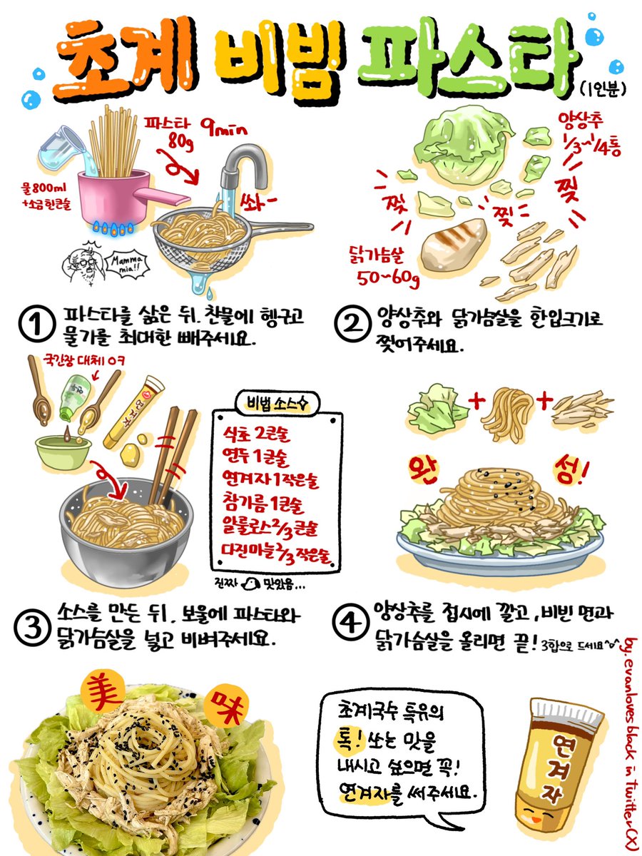 드디어 나온!!!!!! 여름을 위한 초계비빔파스타 레시피입니다🌞⛱️🐓🥬

제가 만들었지만...정말 맛있거든요🥹하..한 번만 만들어봐주세요🙏🏻🙏🏻🙏🏻비법소스가 미쳤어요!!! 양상추는 아삭하고, 닭찌는 고소하고, 면은 새콤하고!!

파스타 삶으시면서 2번과 소스 만들기를 하셔도 편해요!