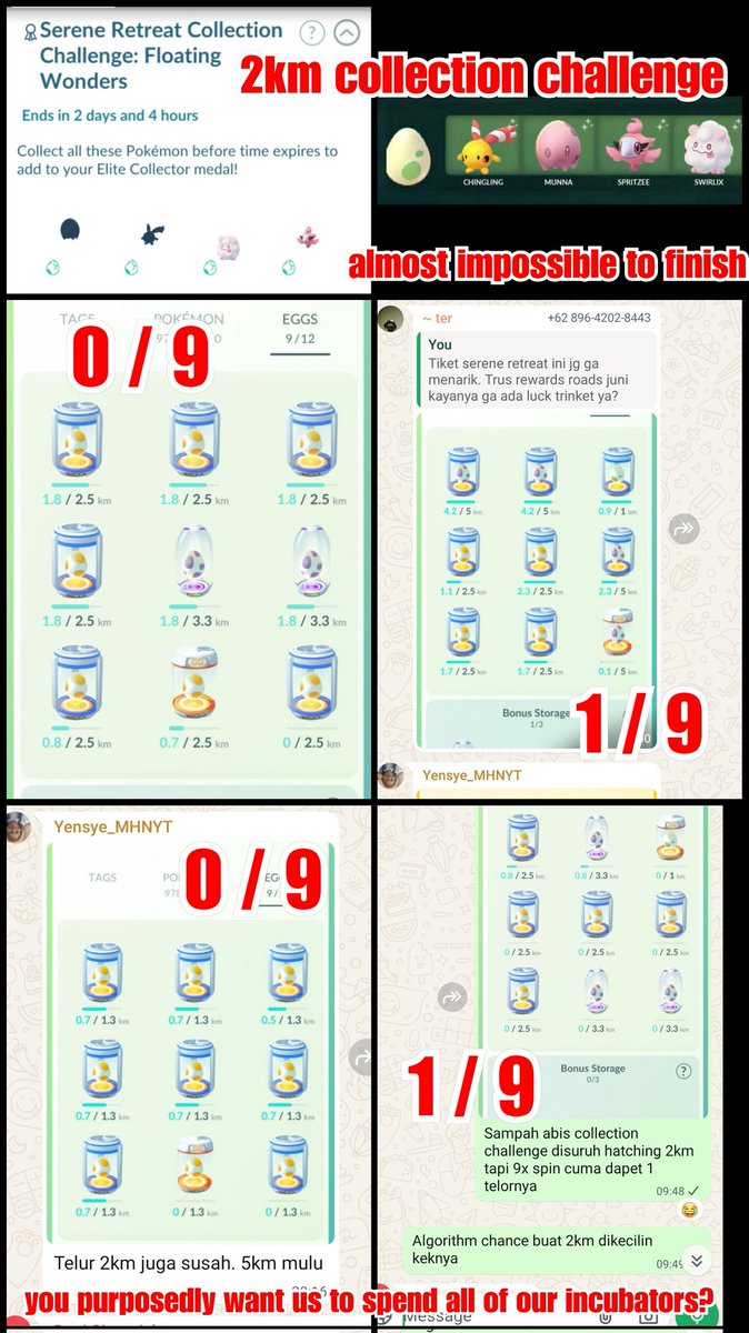 MandaCatalonia's tweet photo. We spent a lot of incubators but the collection challenge is almost impossible to finish due to rarity of 2km eggs @NianticHelp is this on purpose? https://t.co/zIpWmtvCXQ