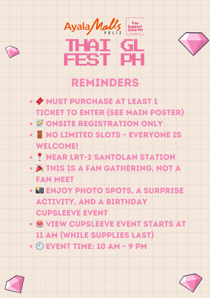 TEPHL's tweet image. 🎉 Get ready for an unforgettable Fan Gathering this June 8, 2025, at Ayala Malls Feliz!
Join us at Fan Support Zone PH’s Thai GL Fest PH for a full day of fun, fandom, and community 💖
Here are some important reminders for the upcoming Thai GL Fest PH:

Enjoy exciting highlights…