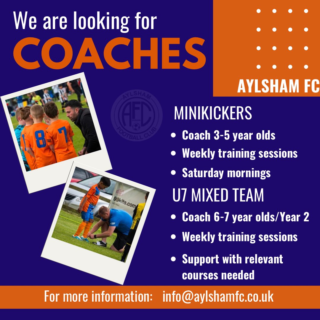 💙Become part of the family🧡

We are looking for enthusiastic coaches for our minikickers and U7’s groups.

Support will be given to obtain DBS, safeguarding and coaching courses needed

Coach at one of the best facilities in Norfolk with access to our new 3G pitch.