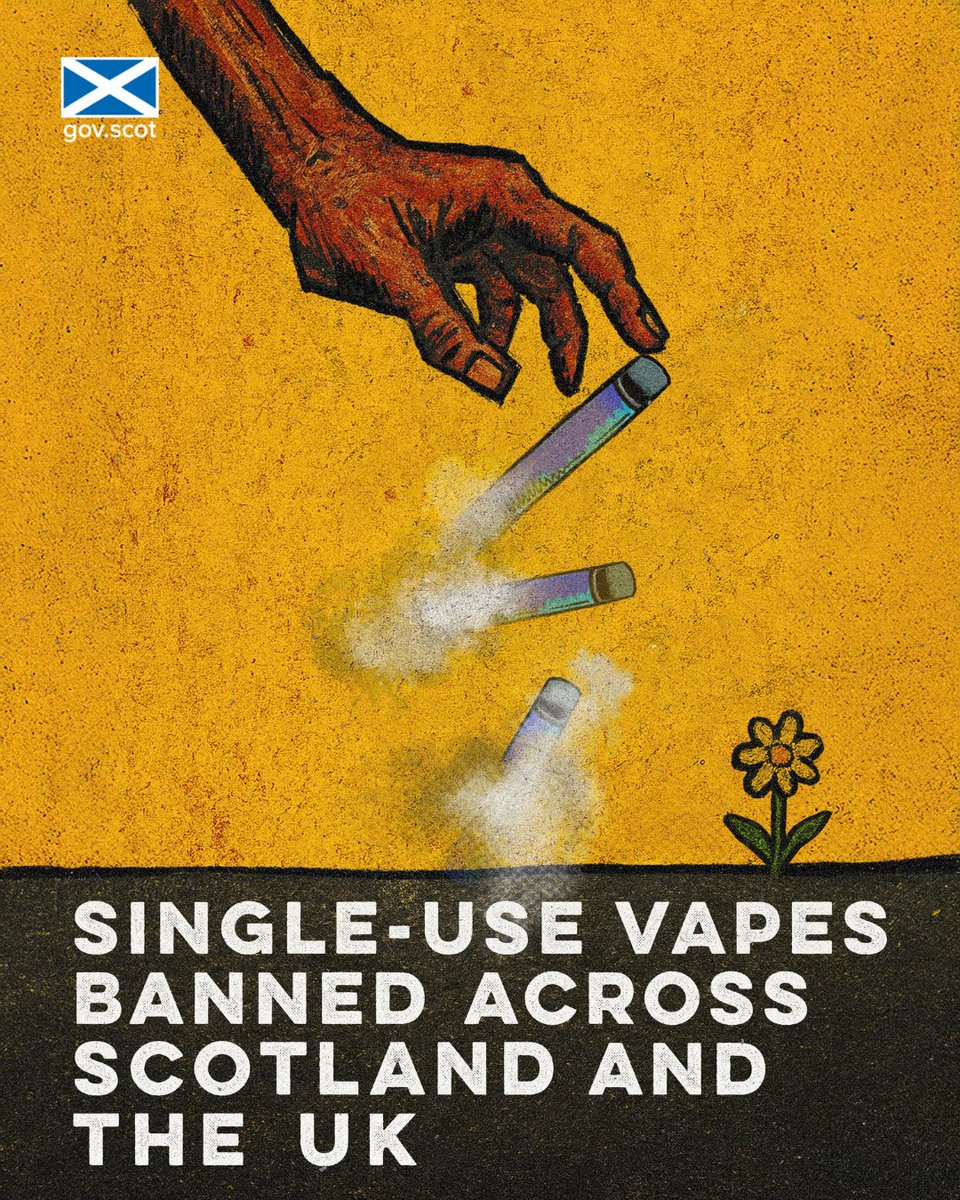 scotgov's tweet photo. A ban on the sale and supply of single-use vapes is now in place in Scotland and across the UK. 

The ban will help: 
🔵 reduce waste   
🔵 protect our environment 
🔵 create a cleaner, greener future https://t.co/rsRJI9p986