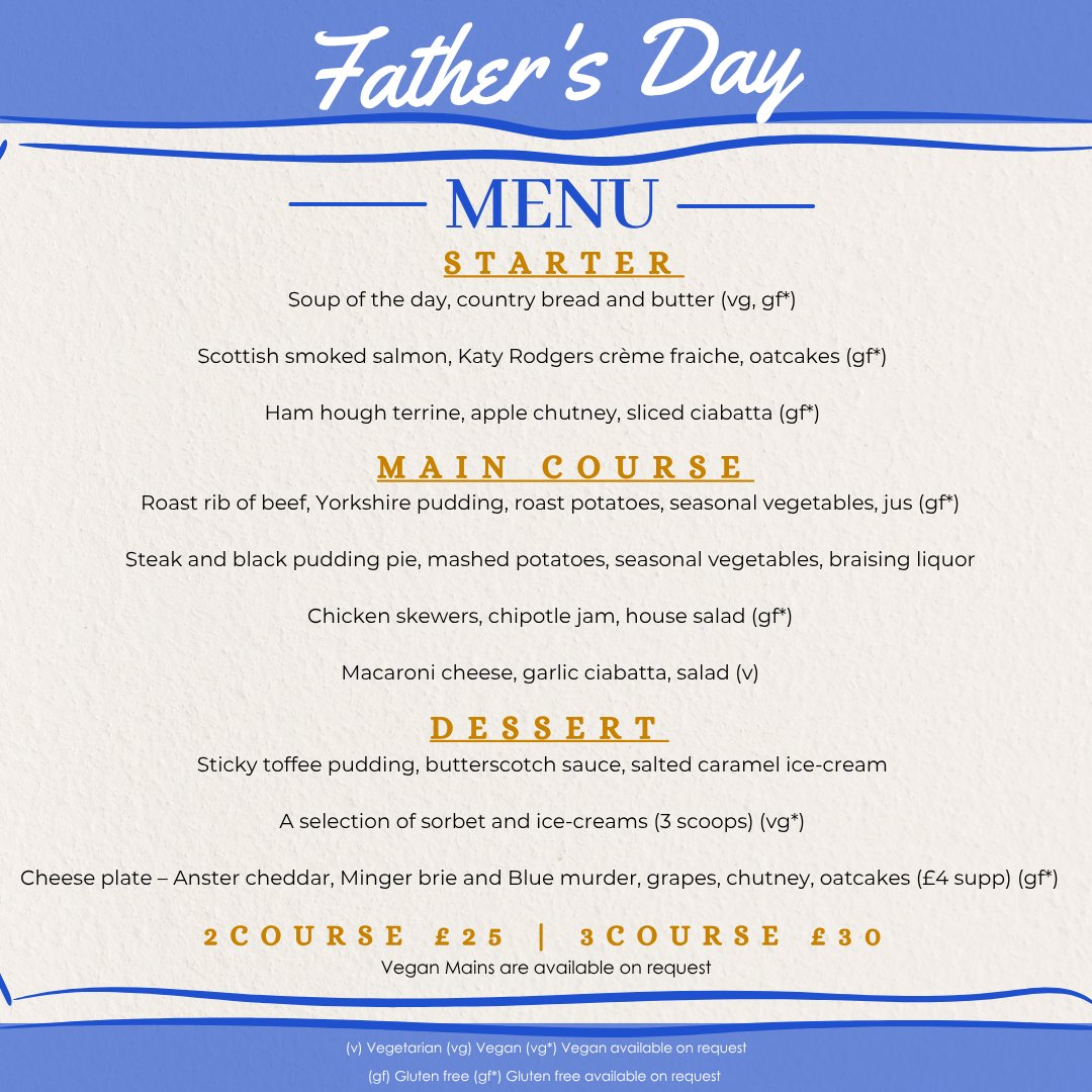 Join us on Sunday 15th June for a specially crafted Father’s Day Menu, designed to bring everyone together over delicious, locally inspired dishes.

Available from 12pm on Sunday 15th June
📞 Booking is recommended – call us on 01738 638152 (Option 2) to reserve your table.