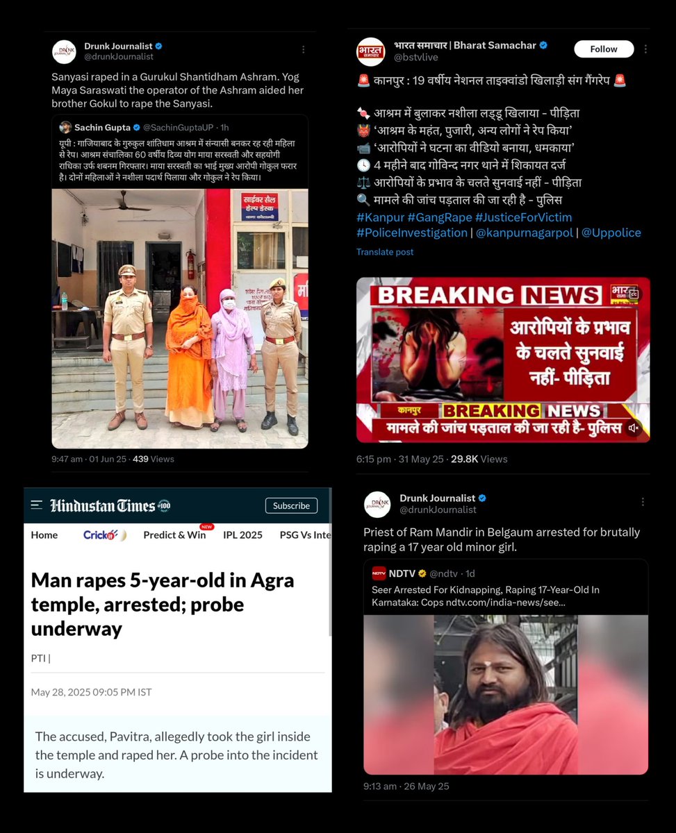 News from the last couple of days. 

👉 A sansyasi was raped in an Ashram. Yog Maya Saraswati, the operator of the Ashram aided her brother Gokul in the rape of Sansyasi 

👉 A taekwondo player was gang-raped in a Kanpur Ashram.

👉 A 5 year old kid was raped in a temple in Agra.