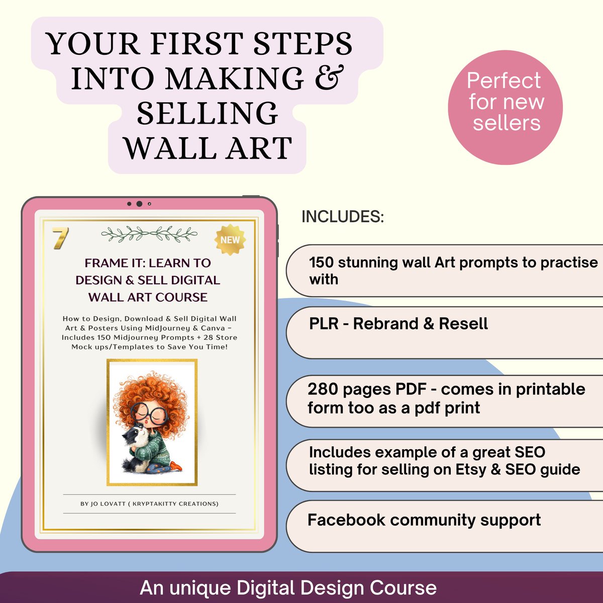 🥰😀🚀🚀Course 7 - Create digital Wall Art is now live! 
Turn your digital designs into wallart or use the 150 prompts for new ideas! 

Download it here kryptakittycreations.etsy.com

Phew 7 courses done.. now to rest a bit :) 

#digitaldesigncourse
#aiartcommunity 
#aiartist