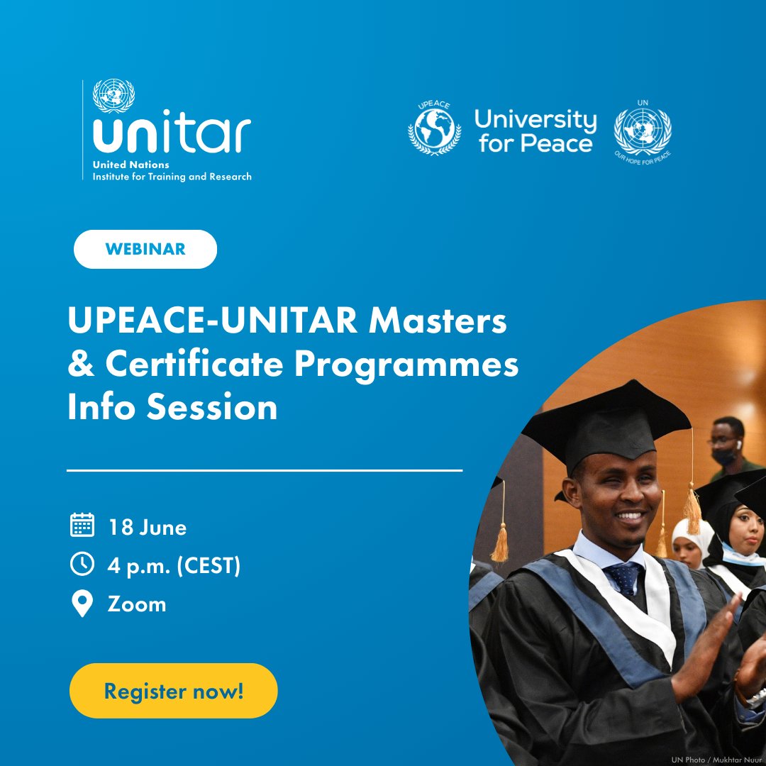 UNITAR's tweet photo. Join us and ask our course experts any questions you may have about our #Masters and certificate programmes in partnership with @UPEACE.
🔗 https://t.co/ZyUFp9Nv9h
#Diplomacy #GraduateDegree https://t.co/tS123yLPI7
