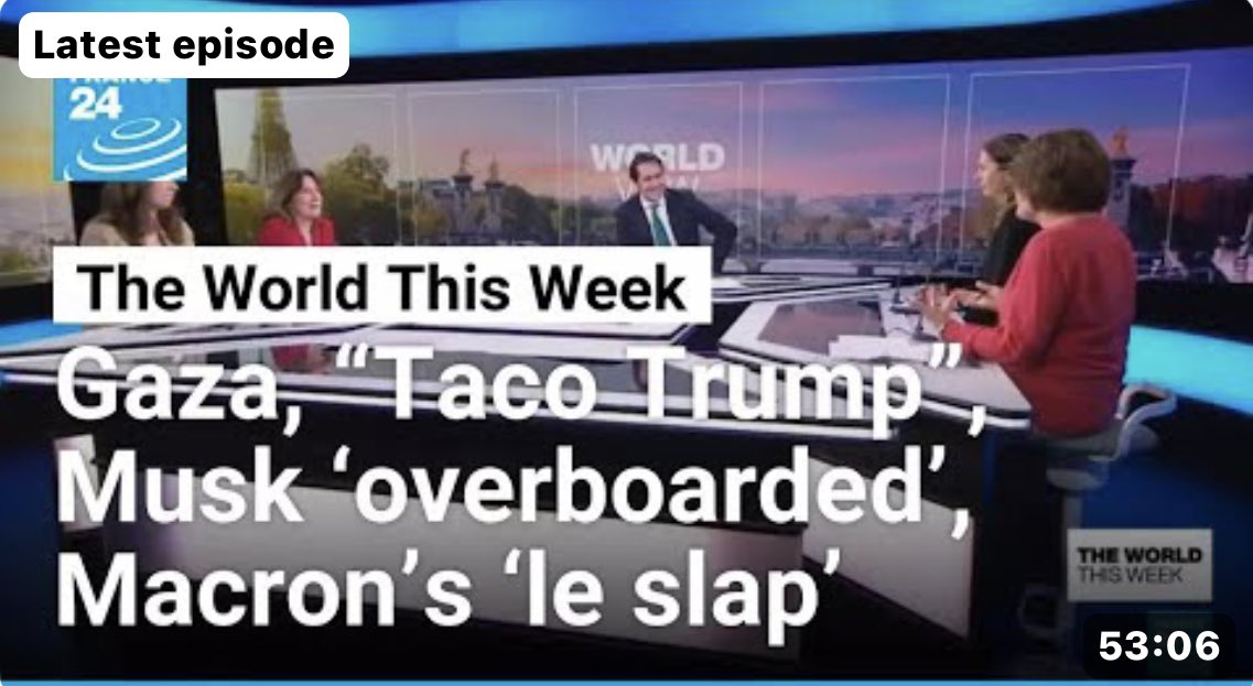 Gavin Lee (@gavinleenews) on Twitter photo The ONLY place to Catch up with The World This Week🌍
Our show now selected as one of the world’s top 100 current affairs podcasts 🏆
My panelist’s this week are..🥁
<a href="/elizapineau/">elizabeth pineau</a> <a href="/LauKaya/">Laura Kayali</a> <a href="/RinaBassist/">rina bassist</a> & Angela Diffley
france24.com/en/tv-shows/th…
&
youtu.be/xdvgqWNVq5k?si… The ONLY place to Catch up with The World This Week🌍
Our show now selected as one of the world’s top 100 current affairs podcasts 🏆
My panelist’s this week are..🥁
<a href="/elizapineau/">elizabeth pineau</a> <a href="/LauKaya/">Laura Kayali</a> <a href="/RinaBassist/">rina bassist</a> & Angela Diffley
france24.com/en/tv-shows/th…
&
youtu.be/xdvgqWNVq5k?si…
