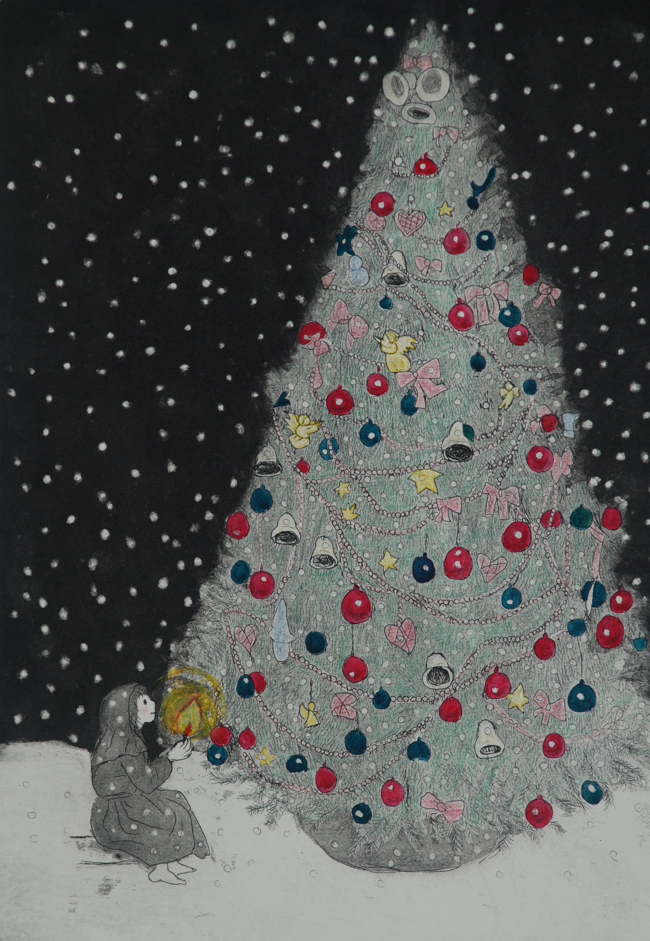 クリスマスツリー雪と星の夜P5号(アクリル原画) 絵画 加藤晶子