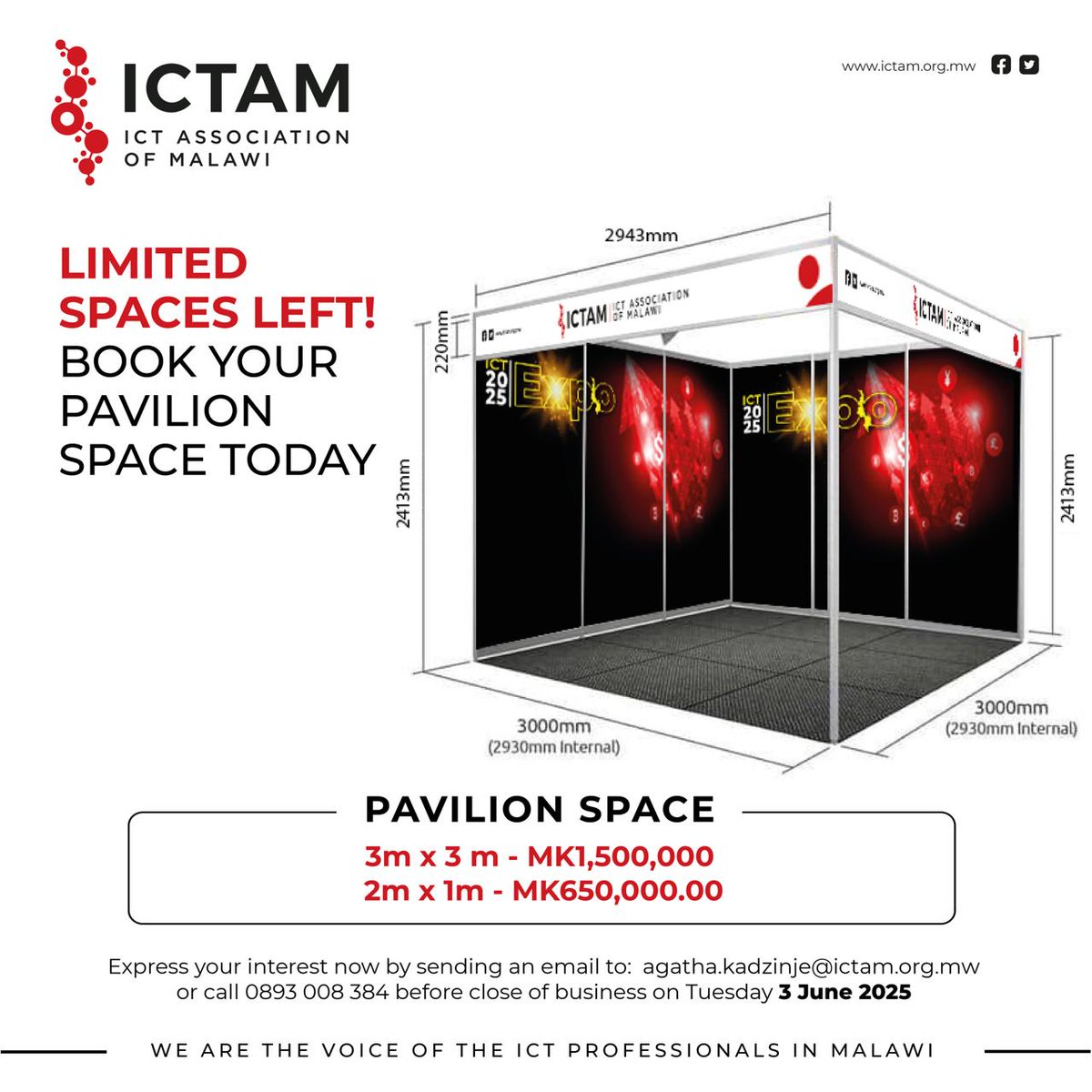 🚨Limited Spaces left
Don't miss out on  the opportunity to exhibit or advertise your brand at 2025 ICT Expo 

📍Event Dates:5-6 June|BICC Lilongwe 
🗓 Deadline for registration:3rd  June 2025

Be part of Malawi's digital Future