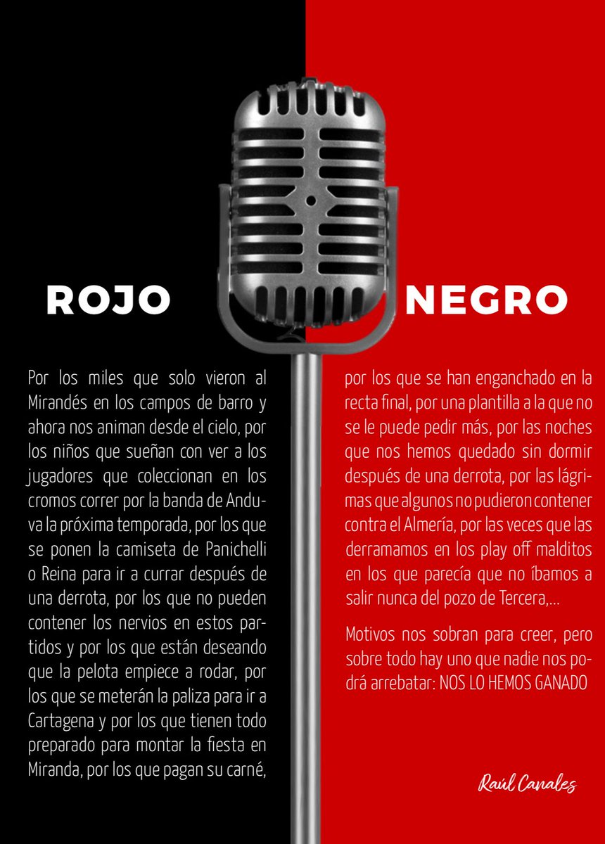OndaRojilla's tweet photo. 𝐍𝐎𝐒 𝐒𝐎𝐁𝐑𝐀𝐍 𝐌𝐎𝐓𝐈𝐕𝐎𝐒 𝐏𝐀𝐑𝐀 𝐂𝐑𝐄𝐄𝐑

POR TI 
POR MI
POR LOS QUE ESTÁN 
POR LOS QUE NO ESTÁN 
POR LOS DE SIEMPRE
POR LOS DE AHORA

Nos hemos ganado soñar, a por todas @CDMirandes ❤️🖤💪🏽💪🏽

HOY JUGAMOS TODOS

VAMOS ROJILLOS https://t.co/kFrvtH5cLR